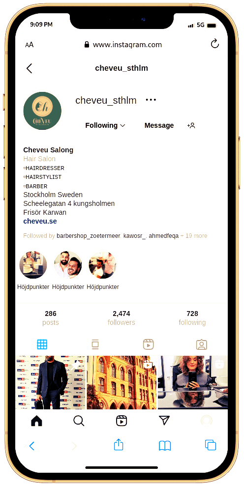 Picture of an IPhone with Instagram opened to Cheveu's profile